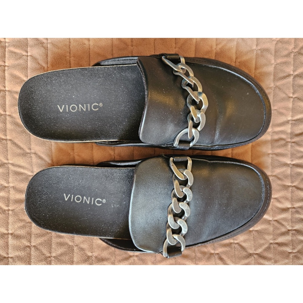 Vionic Women's Georgie Black Leather Mules Clogs With Chains - EUC, Size 10